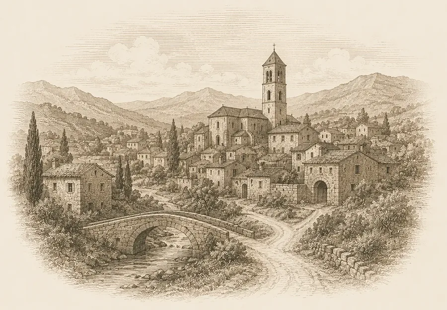 Historische Darstellung eines italienischen Bergdorfs mit Kirche, Steinbr&uuml;cke und Zypressen als Kupferstich